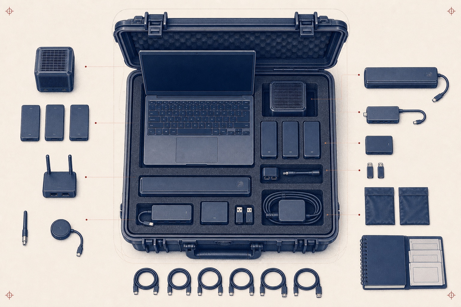 Top-down technical concept rendering of the Aeneas Core case with computing, storage, networking, sensing, recovery media, and printed instructions