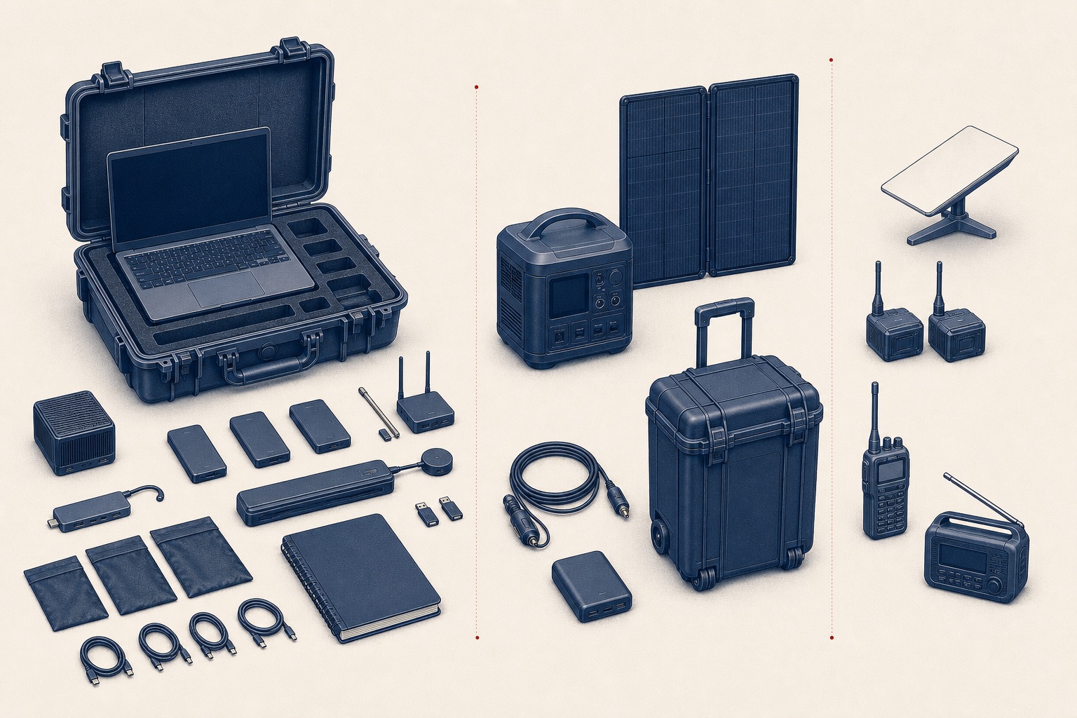 Technical concept rendering of the full Aeneas One system: core case, power station and solar, and optional communications equipment
